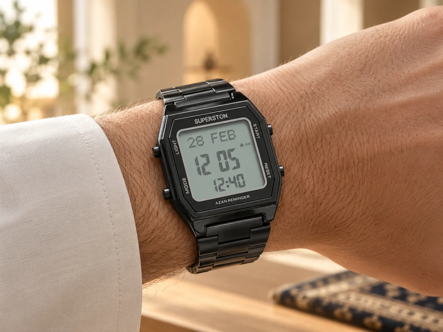 Azan Watch with Qibla direction worn on the wrist