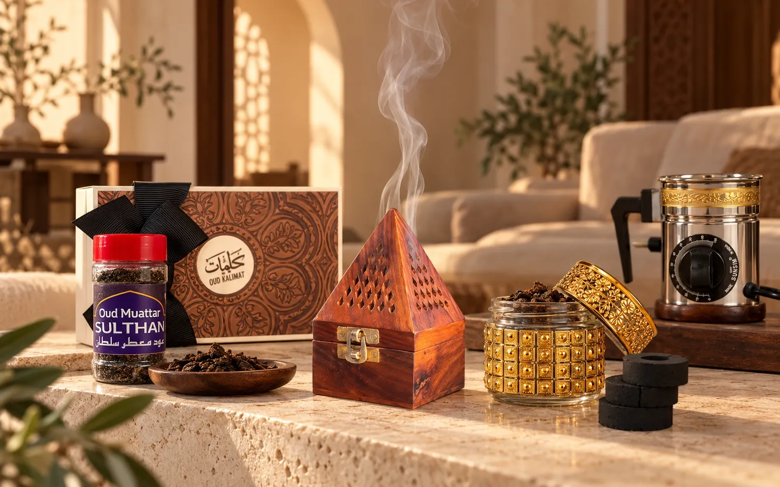 Bakhoor, oud and incense products in a calm home setting